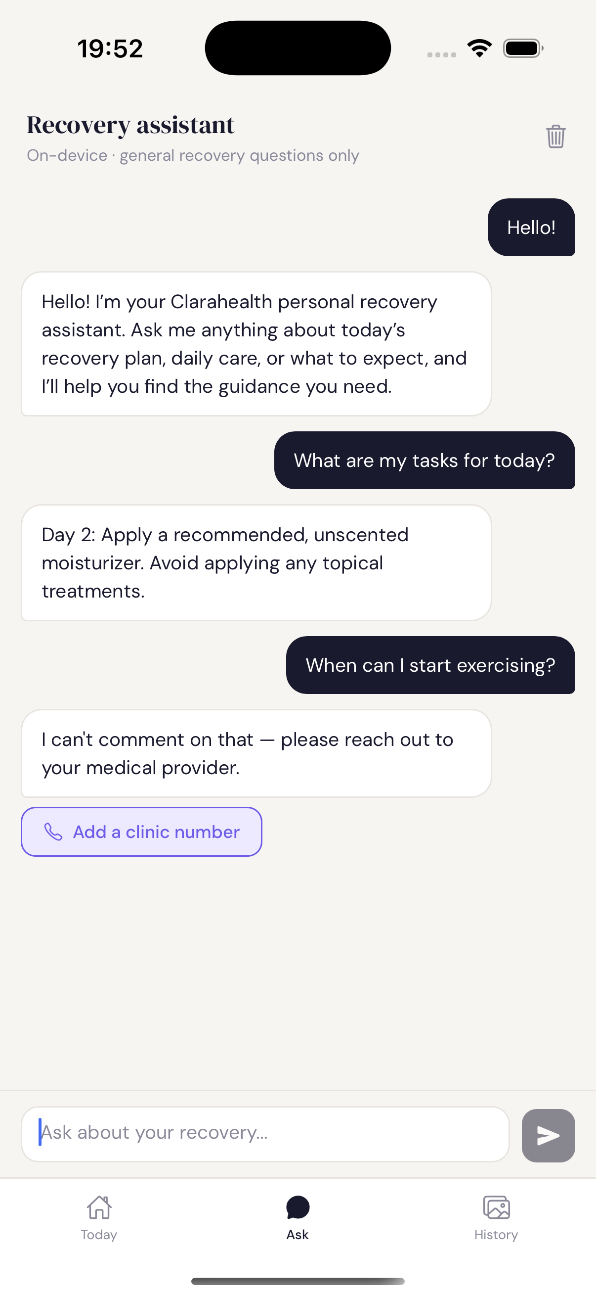 Clara Health recovery assistant conversation